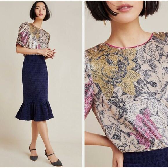 Anthropologie floral sequin short sleeve top. Size 10 - Picture 1 of 2